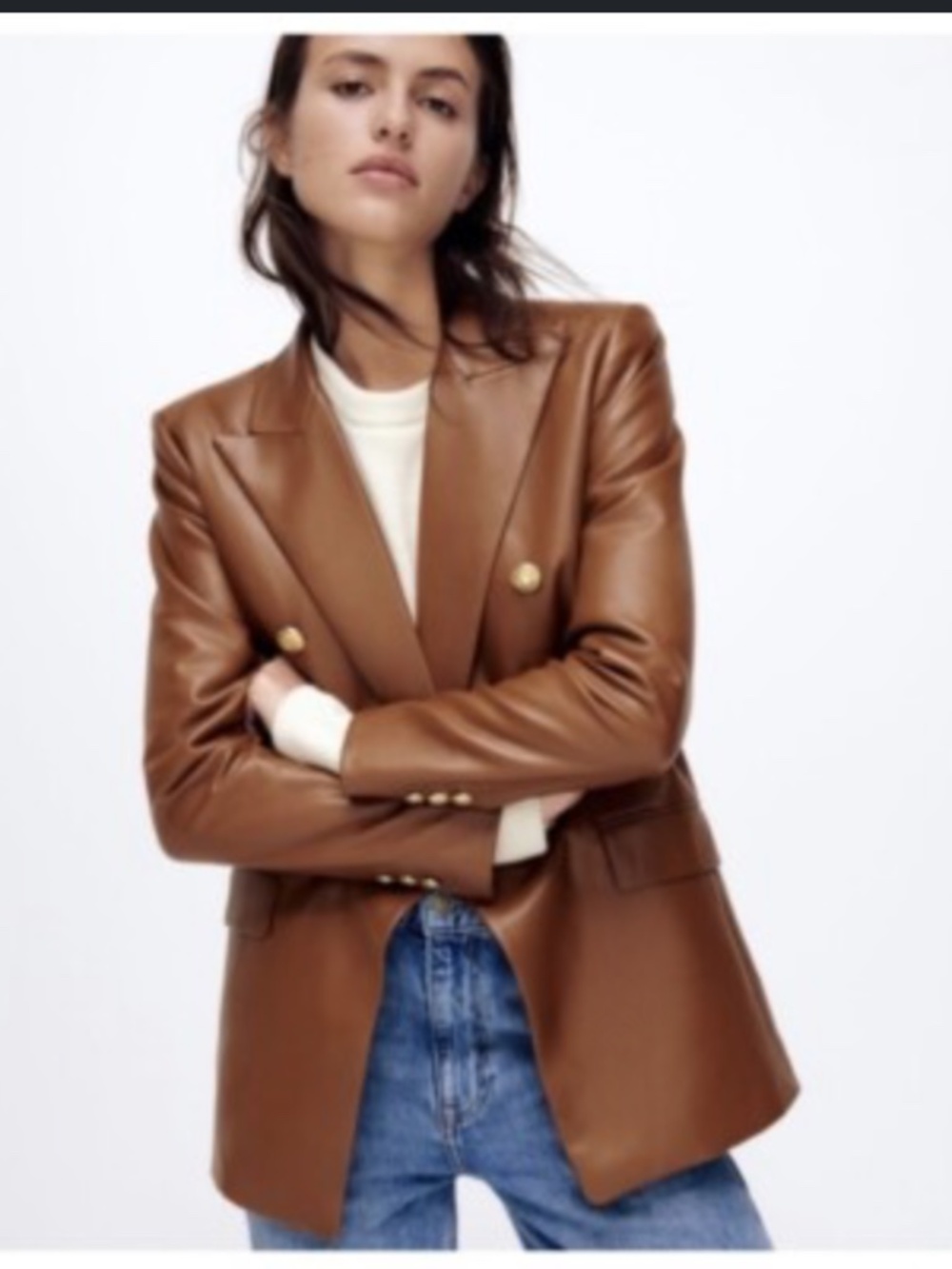 Tahari Faux Leathe Double Breasted Cognac Blazer Size XS